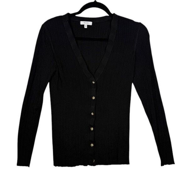 REISS Mae Slim Fit Ribbed Cardigan Top Black V-Neck Gold Buttons Size Medium - Picture 2 of 10